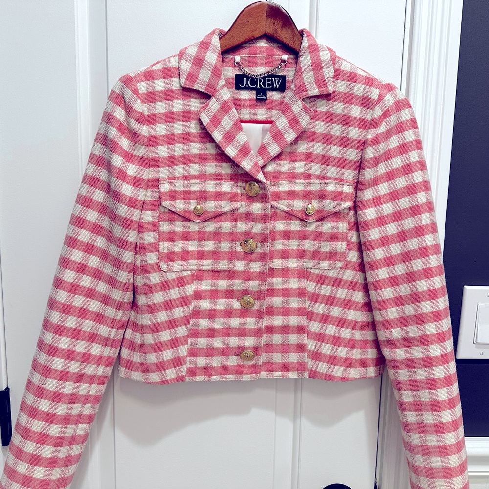 J. Crew Lady Cropped Gingham Terry Tweed Jacket